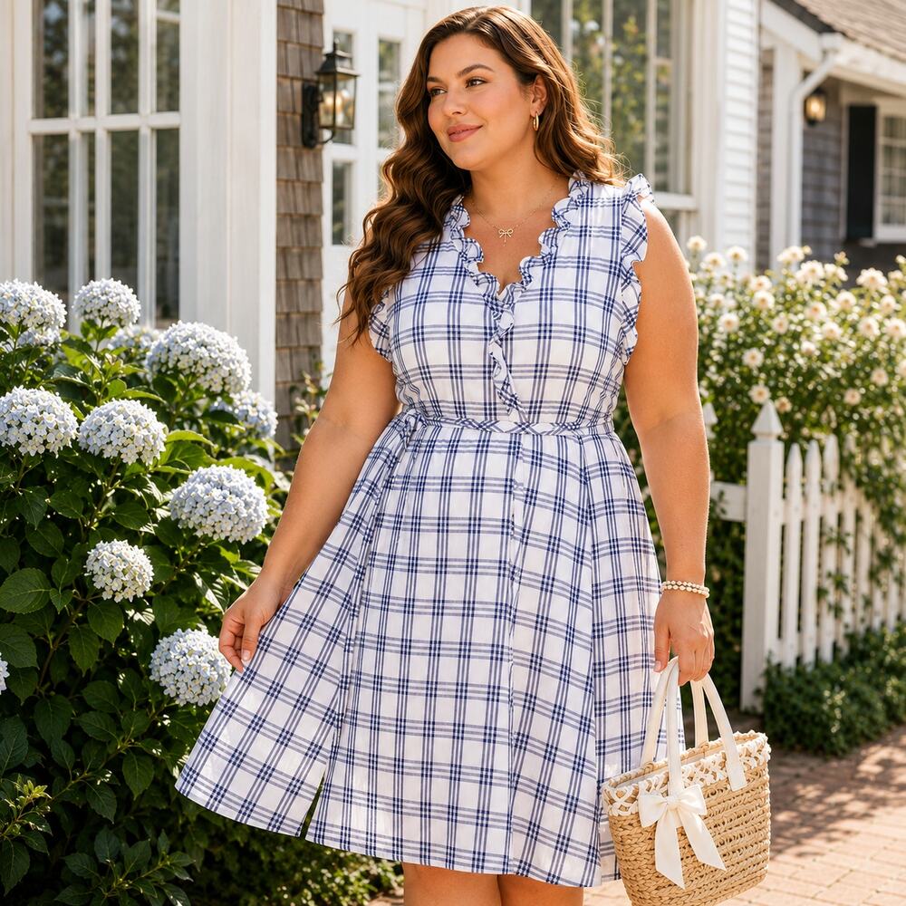 Be by Chetta B Dress 14 Coquette Preppy Hamptons Ruffle Windowpane French Picnic